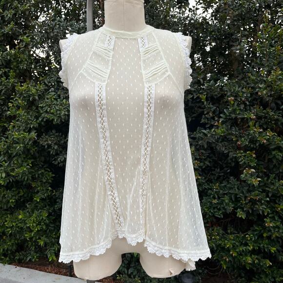 Free People Fiona Victorian Mesh Lace Cream Fairy Top XS Boho - Picture 4 of 8